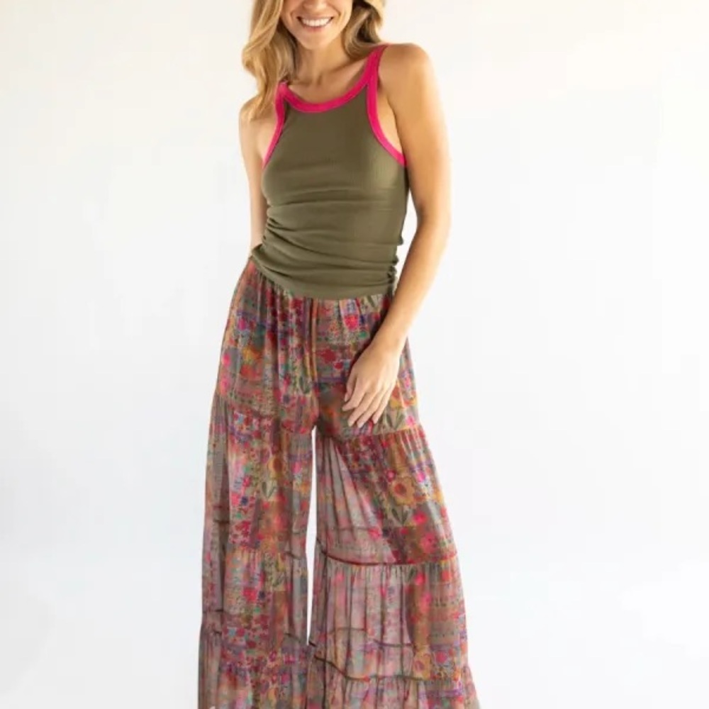 Natural life Bohemian Wide-Leg Mesh Floral Tiered Pants/top set- Multicolor - Picture 3 of 6